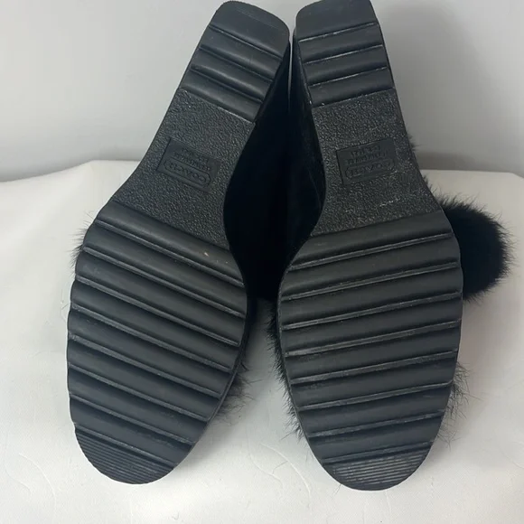 Coach Kataya Wedge Ankle Boots Booties in Black Suede with Black Rabbit Fur Trim - Picture 8 of 17